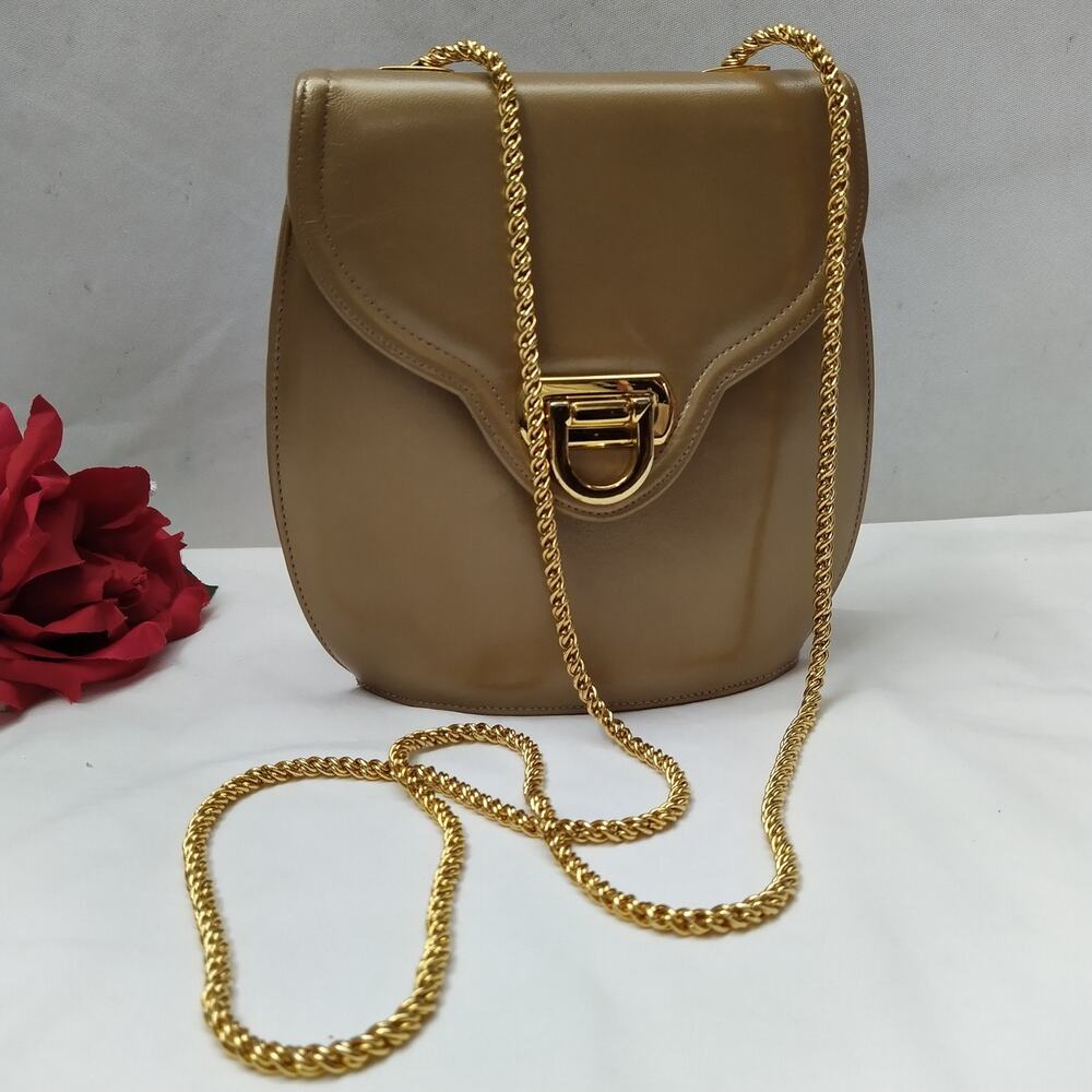 Frenchy of California Taupe Leather Chain Strap Crossbody Bag - VTG Made in USA